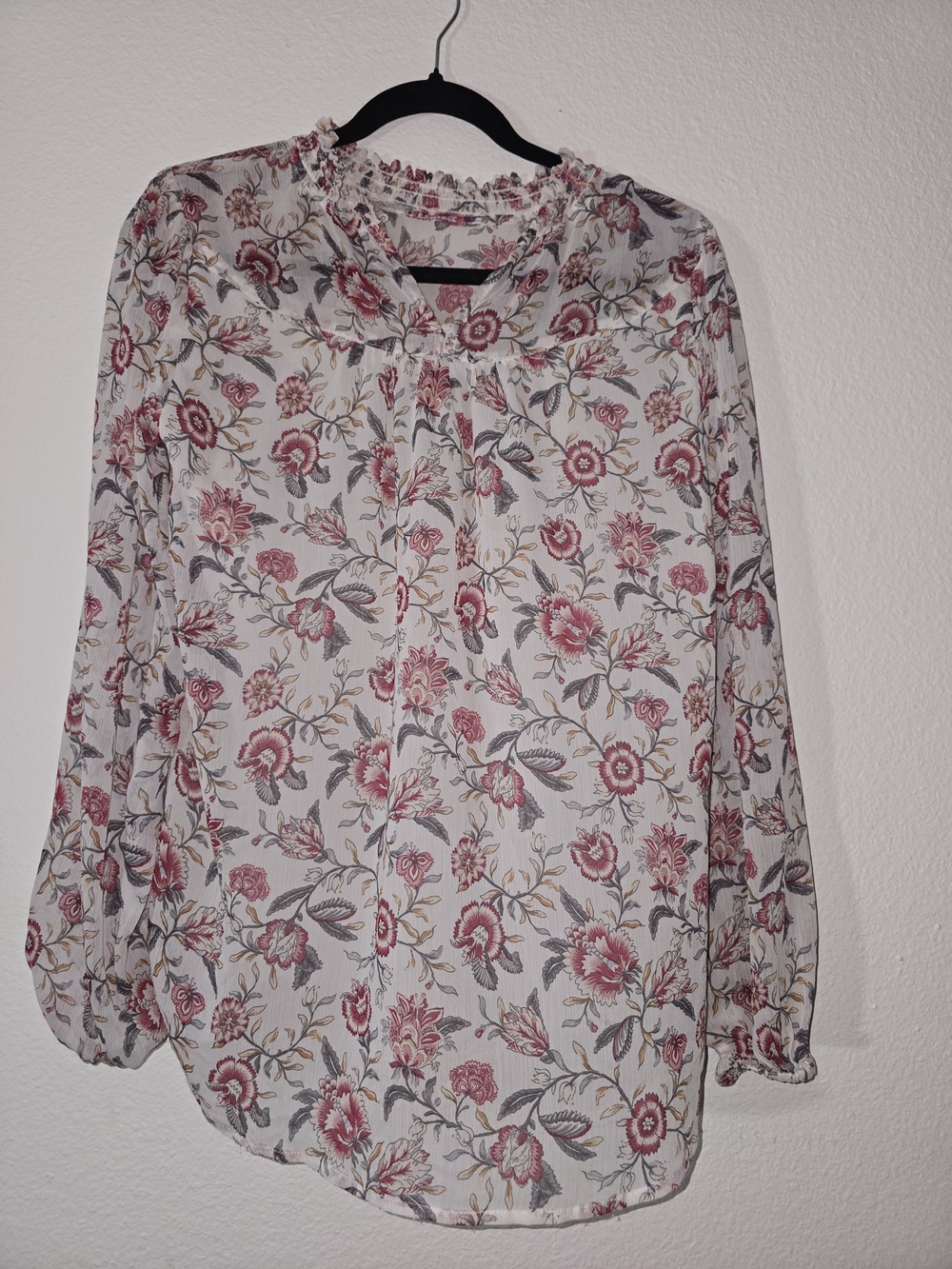 LOFT Cream Floral Long-Sleeve Blouse with Pink & Gray Print